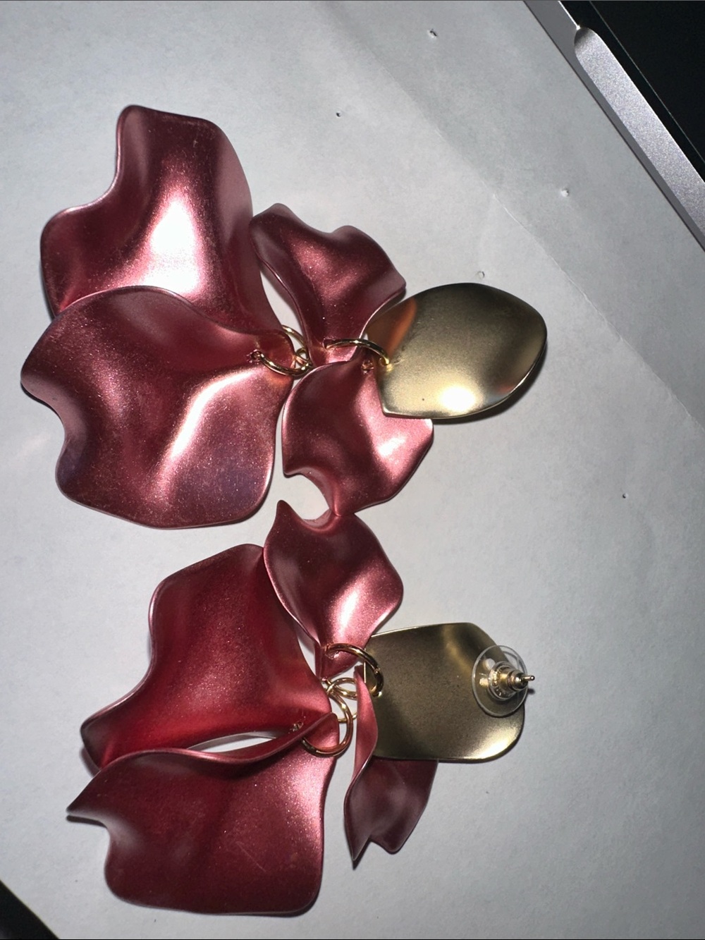 Statement Rose Metallic Petal Drop Earrings